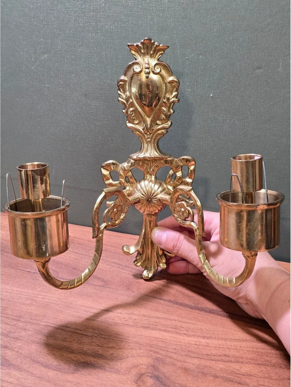 Vintage Brass Double Arm Wall Sconce Louis XVI Hollywood Regency Candle Urn